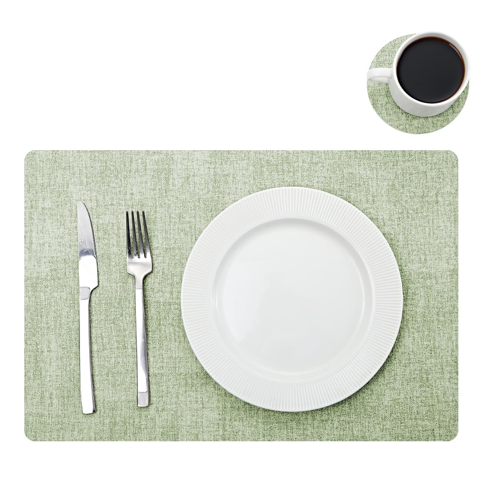 Leather Placemats and Coaster Sets 6, Large Table Mats, Waterproof & Heat Resistant Place Mats(Green)