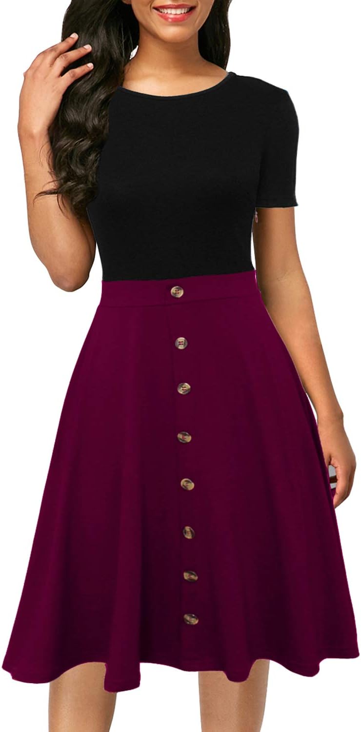 Berydress Women's Short Sleeve Colorblock Button Down Sundress Knee-Length Flared A-Line Casual Party Swing Dress