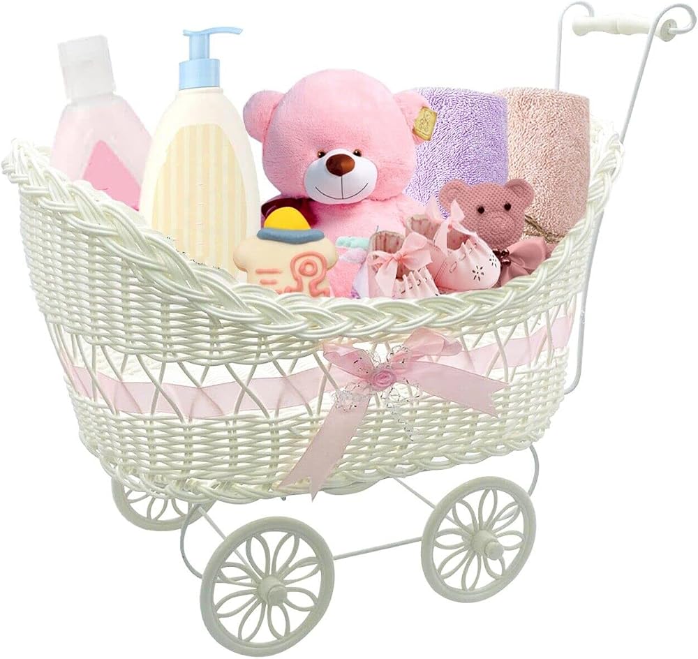 SAFRI Baby Pram Hamper Wicker Toy Basket with Handles White Pink 34x22x25cm