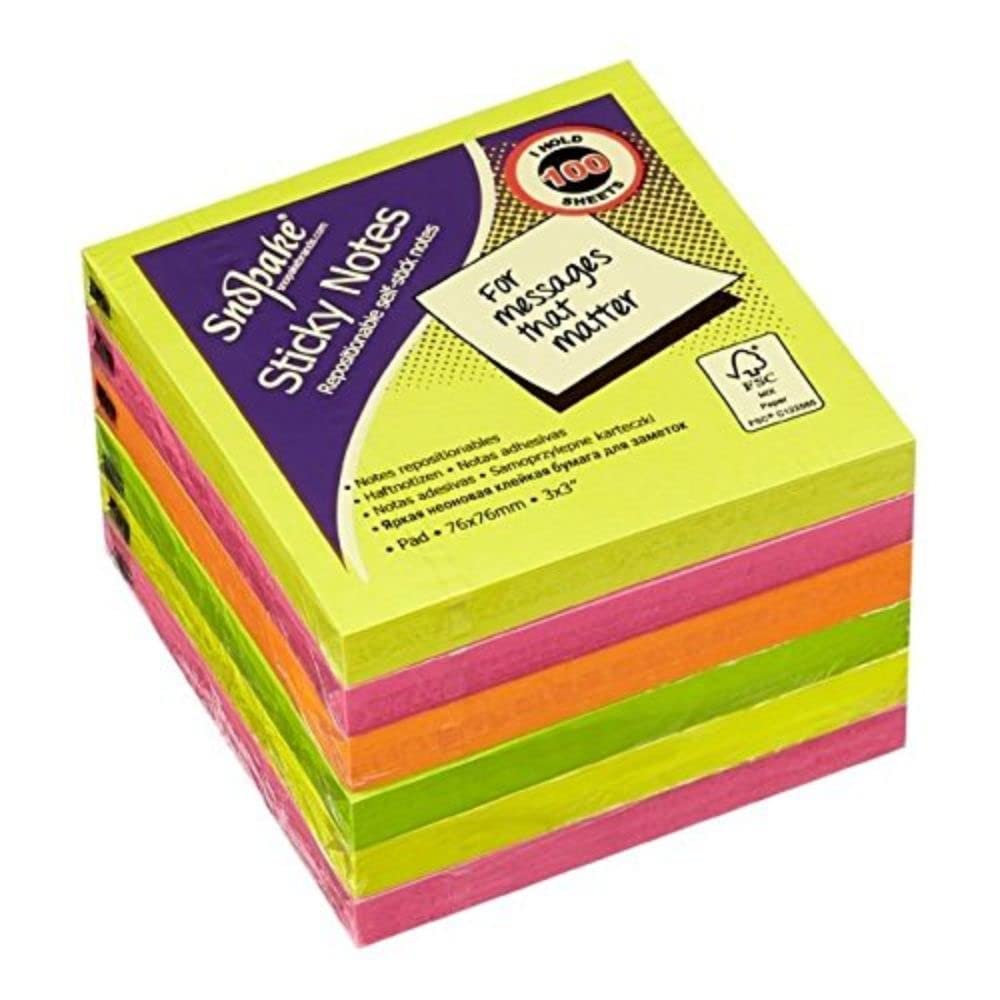 Snopake Neon Assorted Sticky Notes, 100 Sheets per Pad 13527, 76 x 76 mm (Pack of 6)