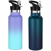 Volhoply 17oz Insulated Water Bottle Bulk 2 Pack,Stainless Steel Kids Water Bottles with Straw Lid,Double Wall Vacuum Metal Water Flask,Reusable Sports School Cups Keep Hot & Cold (Assorted,2 Set)