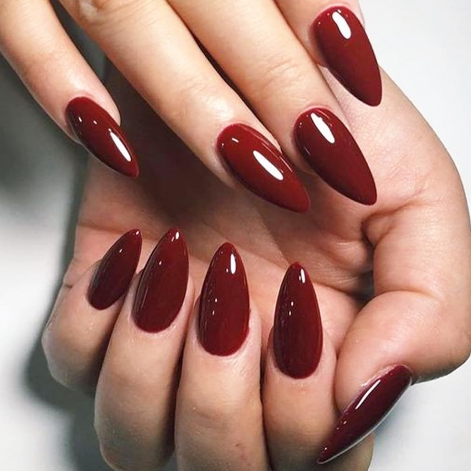 GLAMERMAID Cherry Red Press on Nails Medium Almond, Handmade Jelly Soft Gel Dark Red Glue on Nails Stiletto, Burgundy Emo Fake Nails Short Oval, Reusable Acrylic Stick on False Nails Kit for Women - Image 5