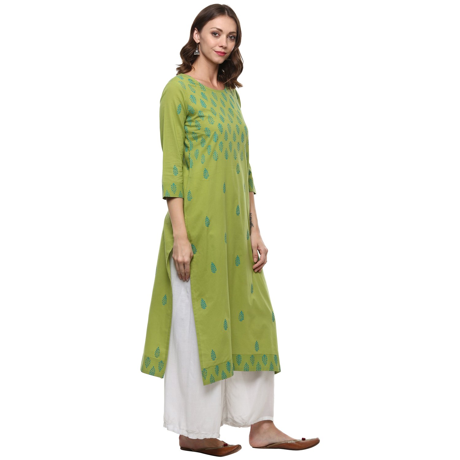 rajmandirfabrics women's cotton straight hand block printed kurti (mahendi)