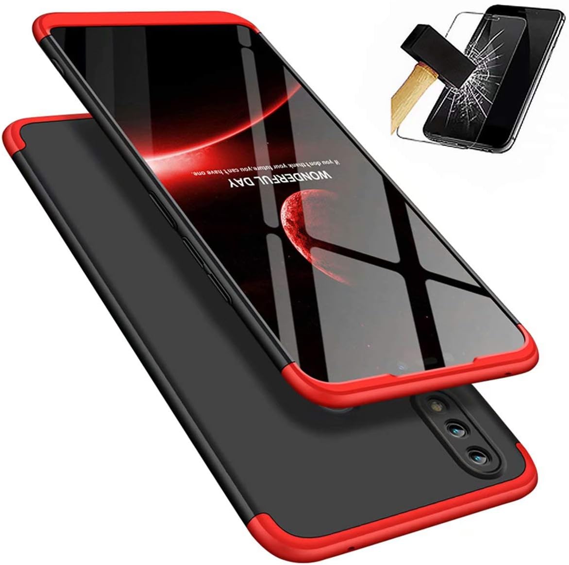 Lanpangzi Compatible with Huawei Honor 8X Case TPU Silicone 3 in 1 Combination Ultra Slim Cover with [Tempered Glass Screen Protector] Scratch-resistant Protective Case - Red and Black