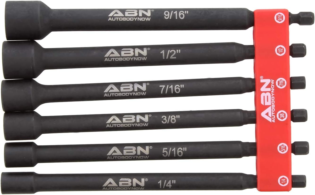 ABN Impact Nut Driver Tool Set - 6pc SAE 6 IN Long Shank Nut Driver Bits Magnetic Tip Sockets, 1/4 IN Hex Shank: Automotive