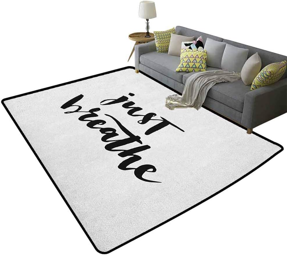 Just Breathe Stylish Decorative Carpet Modern Brush Lettering in Black on White Background Releasing Tension Theme Soft Comfy Area Rugs for Bedroom Black White 79 x 94 Inch