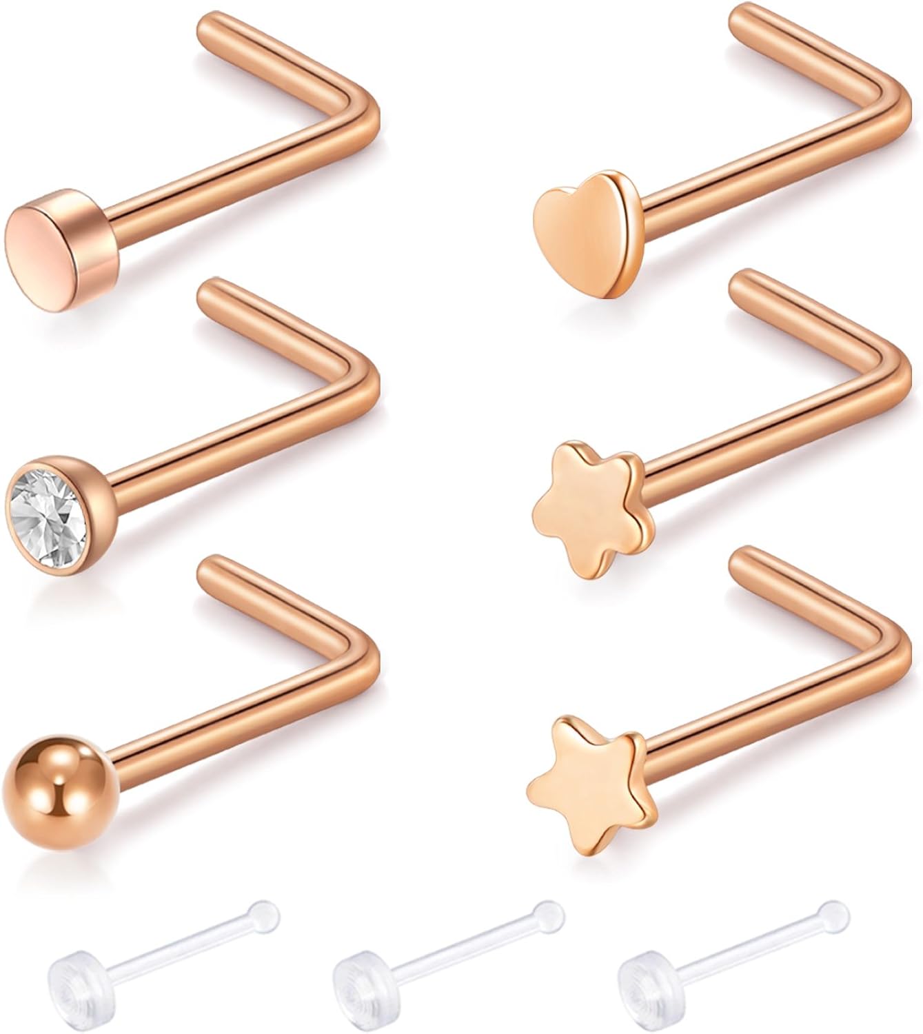 Zolure Heart Nose Ring Studs, 20G 7mm L Shaped Heart Nose Rings Rose Gold Nose Piercings 316L