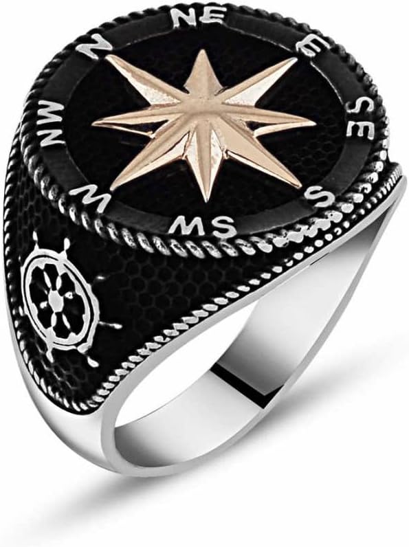 chimoda Mens Rings Sailor Compass Design 925 Solid Sterling Silver Ring for Men Turkish Jewelry