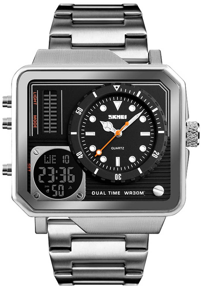 Men's Square Large Face Stainless Steel Digital Sports Watch, LED Analog Quartz Wrist Watch with Multi-Time Zone Waterproof Stopwatch, Silver, big, Digital