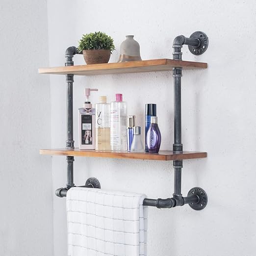 Amazon Com Tianman 24 Wide 10 Deep 2 Tier Industrial Retro Reclaimed Wall Mounted Wooden Pipe Bathroom Towel Rack Towel Holder Bathroom Decor Shelves Towel Storage Kitchen Dining