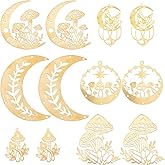 SUNNYCLUE 1 Box 12Pcs 6 Styles Hollow Moon Charms Gold Mushroom Charm Brass Double Sided Flat Round Cute Cartoon Tarot Style Pendant Charm for Jewelry Making Charms Pendants Earring Supplies DIY Craft