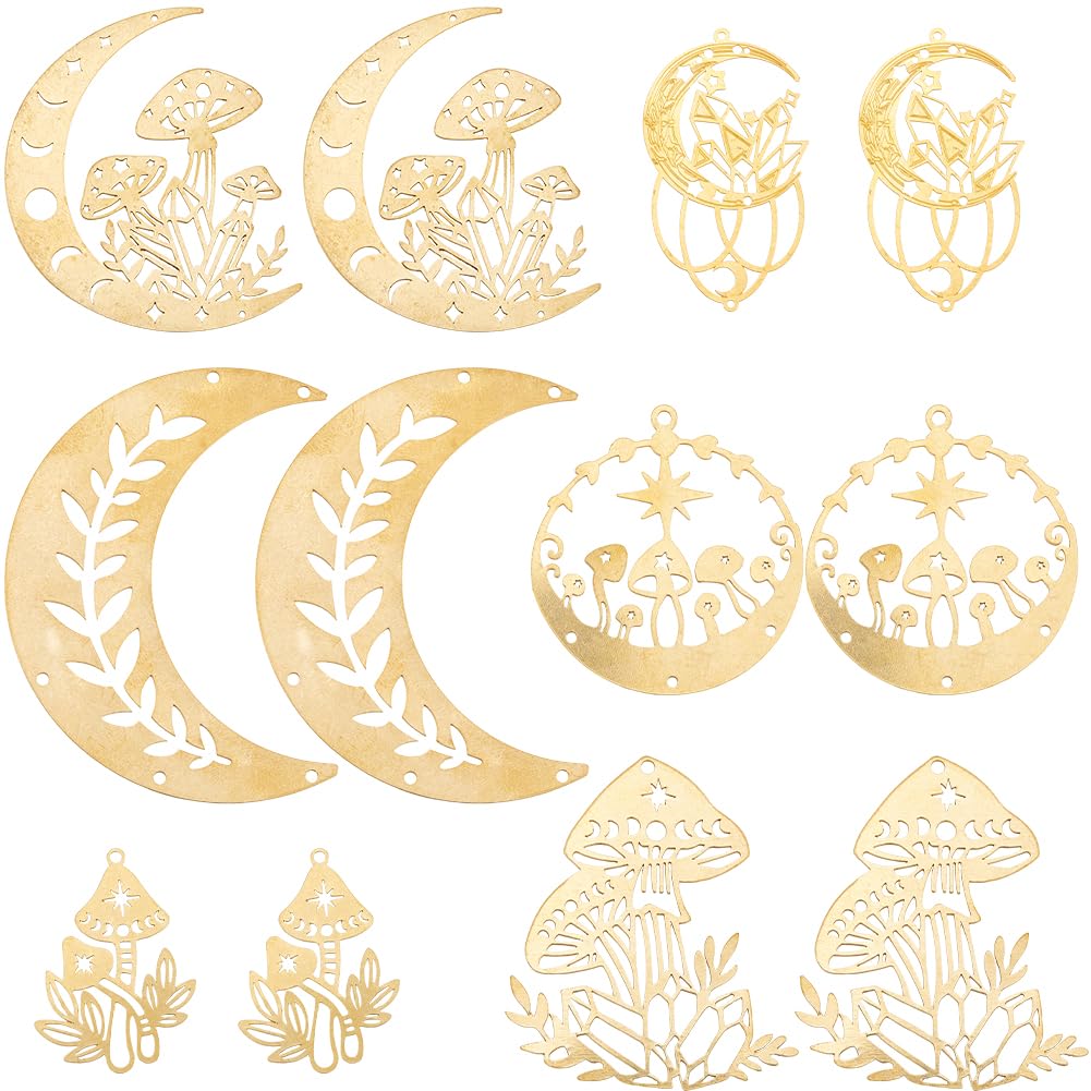 SUNNYCLUE 1 Box 12Pcs 6 Styles Hollow Moon Charms Gold Mushroom Charm Brass Double Sided Flat Round Cute Cartoon Tarot Style Pendant Charm for Jewellery Making Charms Pendants Earring Supplies DIY
