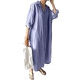 GGUHHU Womens Chic Button Down Rolled-Up Sleeve Long Cotton Blouse Maxi Dress