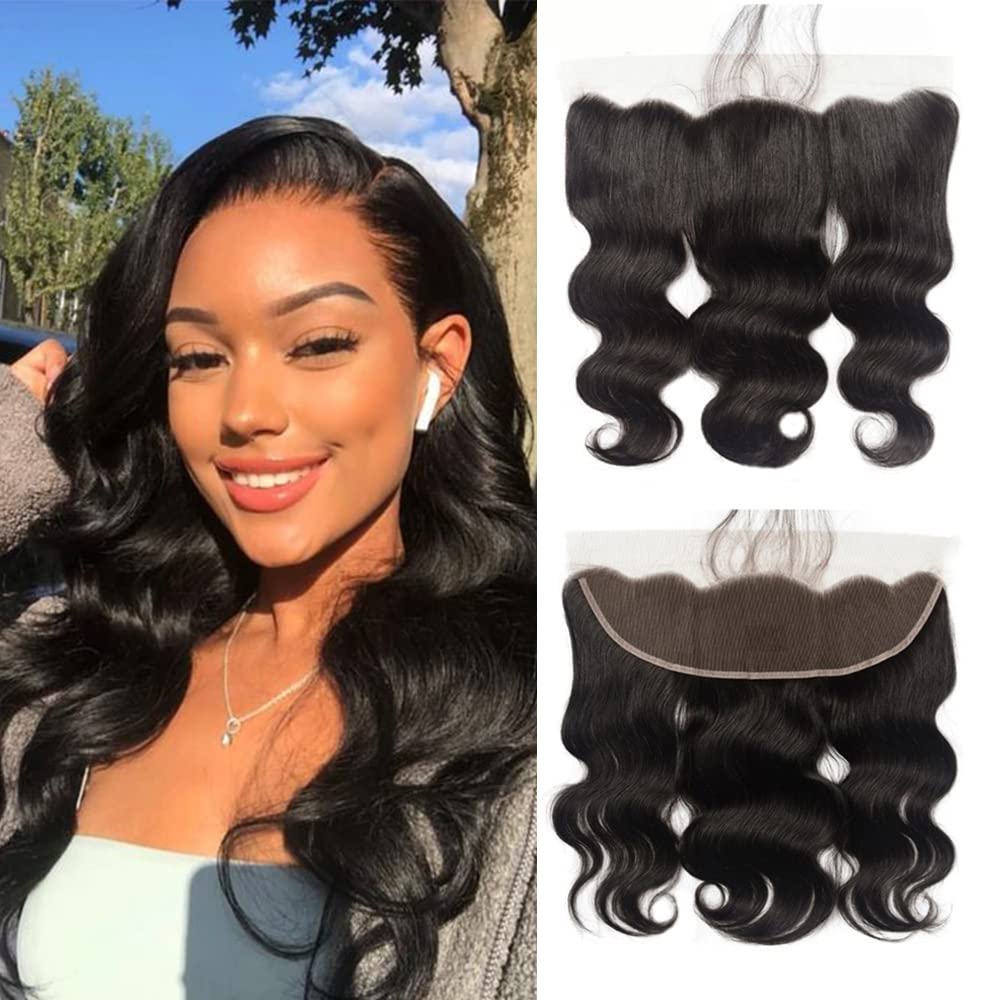 Brazilian Virgin Body Wave 13x4 Lace Frontal With Baby Hair - 100% Unprocessed Body Wave Human Hair Top - Swiss Transparent Lace Ear to Ear - Natural Color (14Inch, 13x4 Frontal)