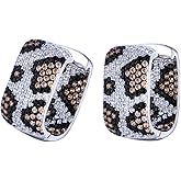 CWWZircons Luxury Double Sided Cubic Zirconia Leopard Print Rectangle Hoop Earrings, White Gold Plated, Statement Jewelry for Women