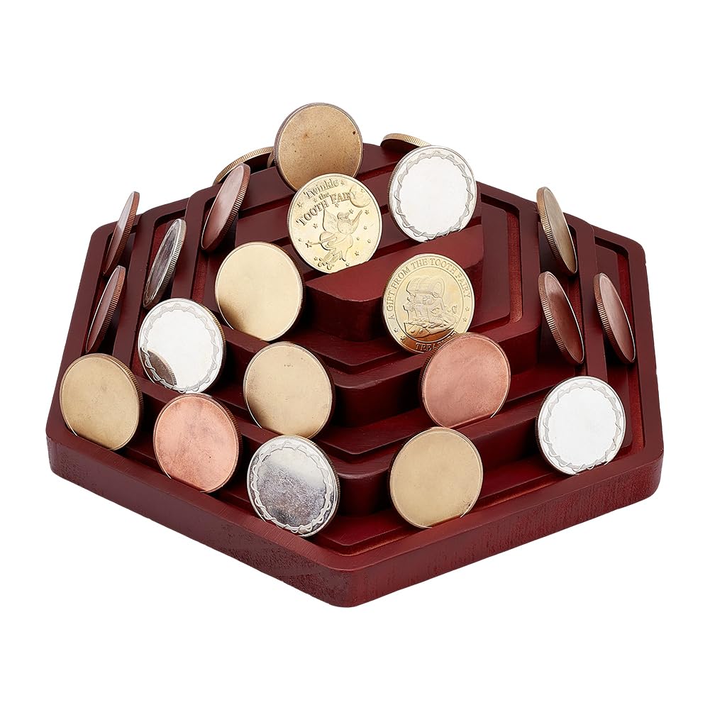 PH PandaHall 4 Rows Challenge Coins Display Stand Wood Coin Holder Rack Coins Storage Organizer Coin Display Shelf for Collectors, Gift, Challenge Coin Display, Brown, 28x25x8cm