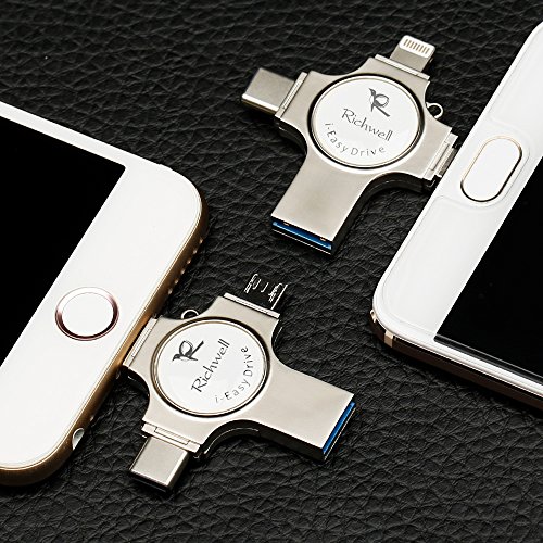 iPhone USB Flash Drives 64GB memory stick 3.0 U disk Richwell External Storage 4in1 for Apple iPhone iPad iOS Mac Android Type-C 3.1 and Computers (Silver64G)