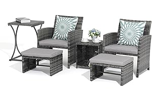 OC Orange-Casual 6 Piece Patio Furniture Conversation Set with Ottoman, Outdoor Grey Wicker Chair and Table Set, Balcony Furniture for Apartments, Light Grey