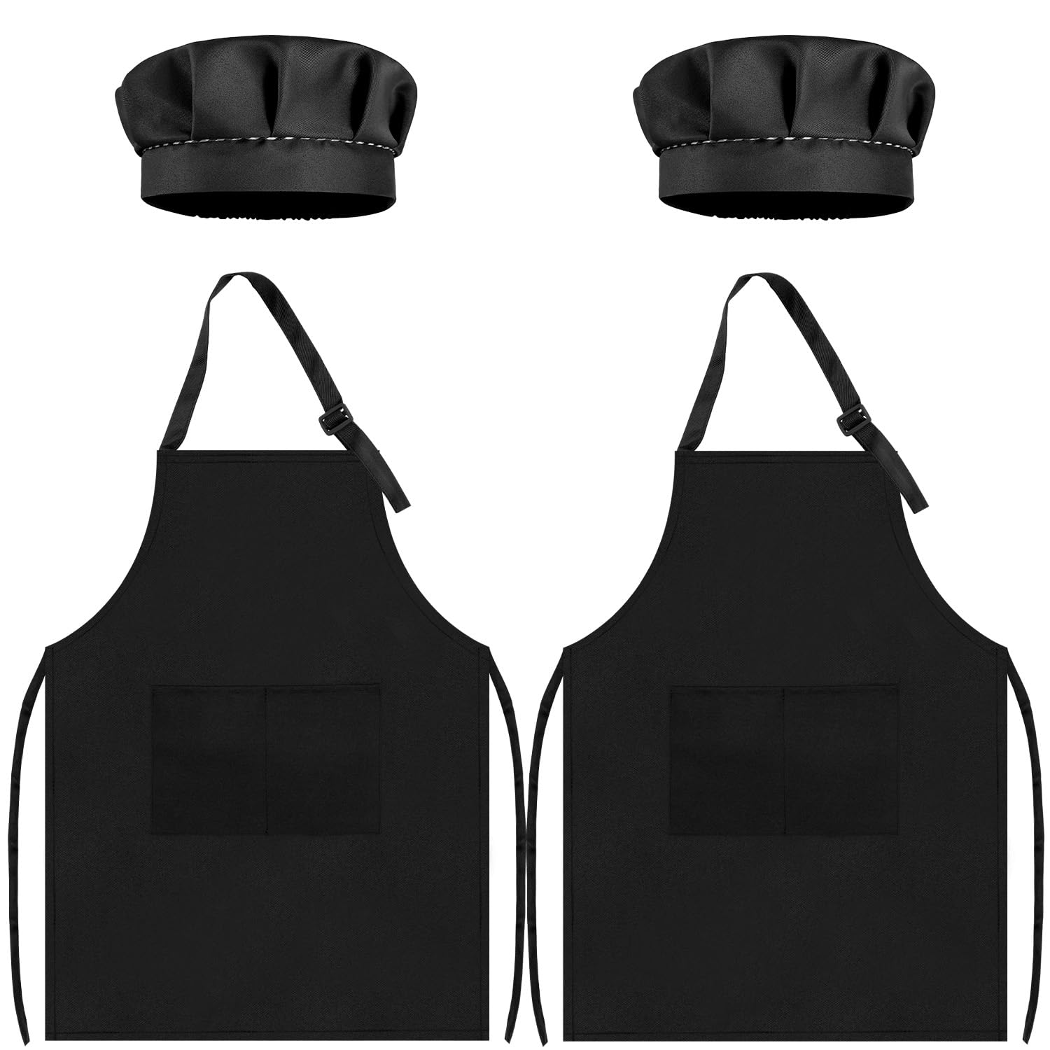 TOPWAYS Kids Apron and Chef Hat Set, kids Aprons for Cooking 2 Pack, Adjustable Toddle Kitchen Chef Apron, Kids Artist Painting Apron Bib with Two Pockets for Kids 3 4 5 6 years (2 x black set, M)