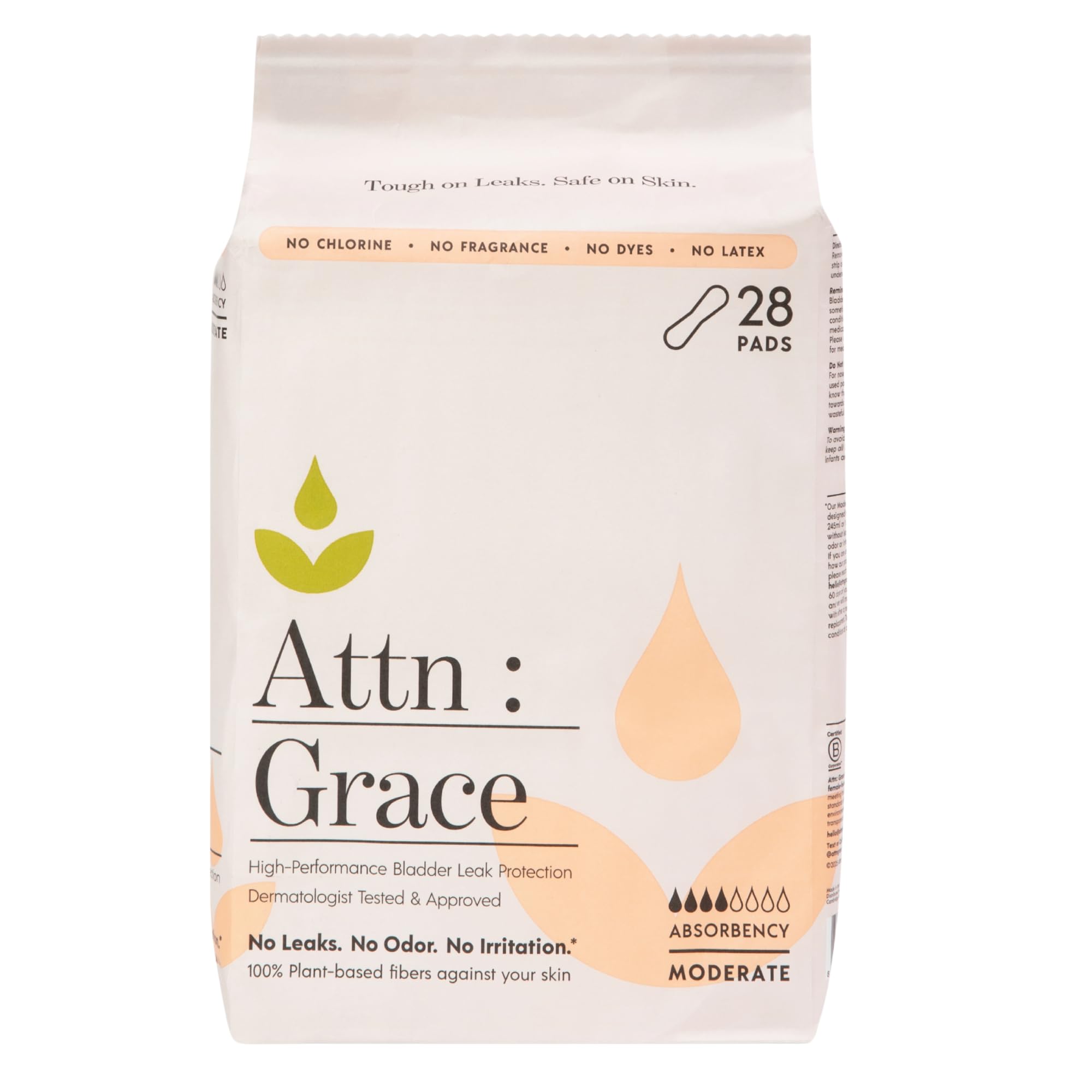 Attn: Grace Moderate Incontinence Pads for Women - Plant-Based, 28 Count