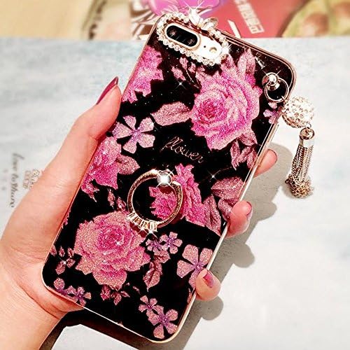 Auroralove iPhone 8 Plus Luxury Bling Flower TPU, iPhone 7 Plus Beauty Fashion Shiny Diamond Rhinestone Slim Soft Rubber Hybrid Makeup Case with Ring Stand for Girls Women(Rose Flower)