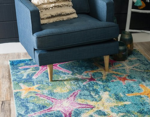 Unique Loom Positano Collection Coastal Modern Bright Colors Starfish Runner Rug_CAP001, 8' 0 x 10' 0, Navy Blue/Teal