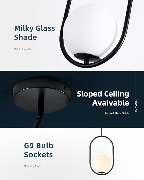 PUNCOLL BLACK PENDANT LIGHTS – 1-LIGHT PENDANT LIGHTS KITCHEN ISLAND WITH MILKY WHITE GLOBE GLASS – MID CENTURY PENDANT LIGHT FIXTURES – BLACK HANGING LIGHTS FOR KITCHEN H9376-MGBK