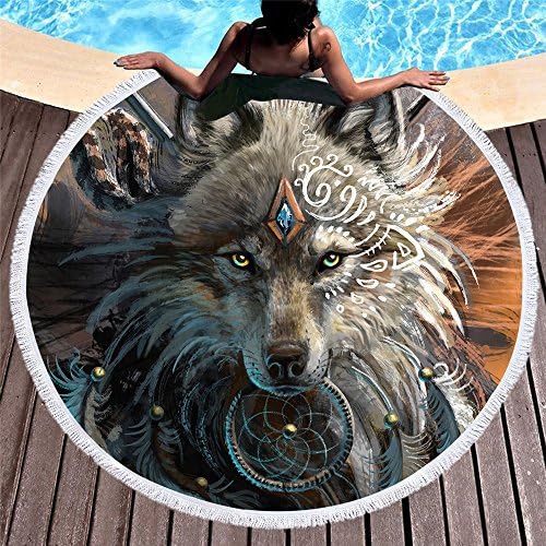 Koongso Wolf Warrior by SunimaArt Wolf Printed Beach Towel Men Beach Throw Round Beach Towels Oversized Beach Roundies