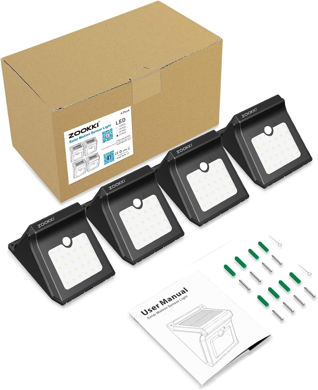 ZOOKKI Solar Lights Outdoor, 28 LED Wireless Motion Sensor Lights, IP65 Waterproof Wall Light Easy-to-Install Security Lights for Outdoor Garden, Patio, Yard, Deck, Garage, Driveway, Fence 4 Pack - - 