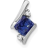 14k White Gold Pendant with Cushion Cut Blue Sapphire and Diamond Accents, Elegant Womens Necklace for Fine Jewelry, Luxury Gemstone Pendant, Classic Anniversary or Evening Wear 12 mm x 7 mm