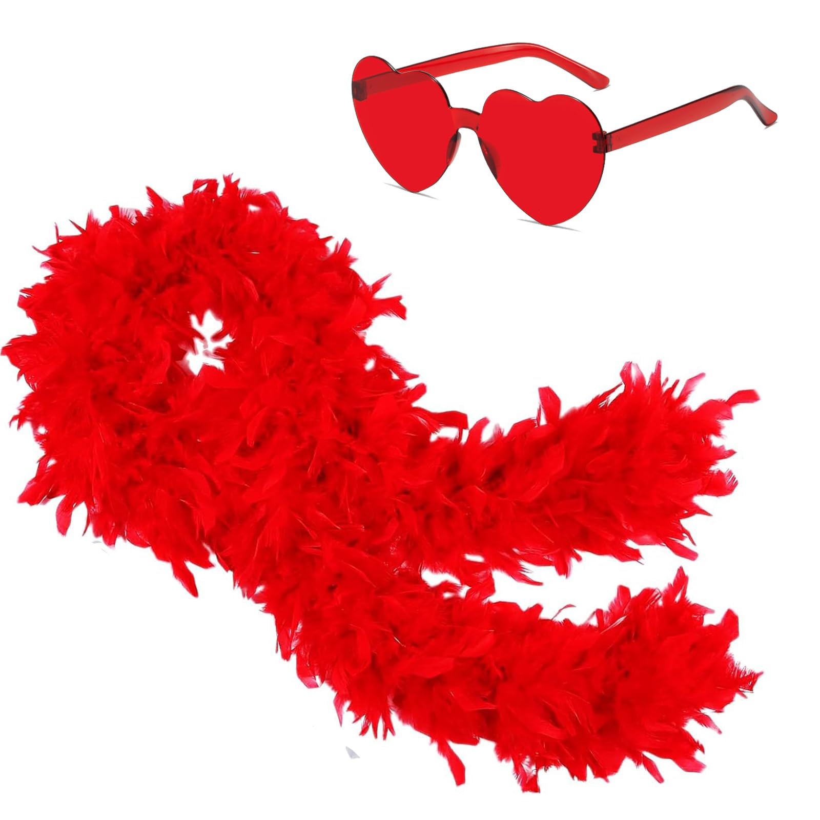 Ceboic Colorful Feather Boas 2M Fluffy Feather Boa with Heart Rimless Sunglasses Natural Turkey Feather Scarf Fancy Dress Accessories for Women Girls Dancing Wedding Cosplay Halloween Christmas Party