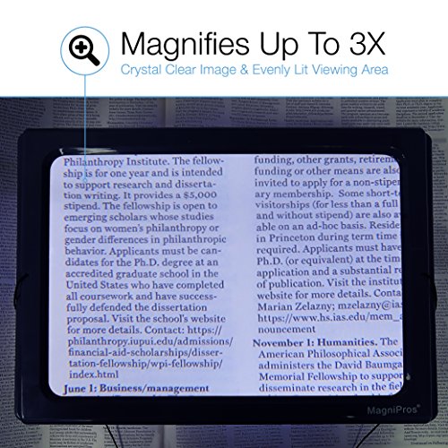 MagniPros 3X Large Full Page LED Lighted Magnifier Magnifying Glass with Upgraded Lens, Flip-Out Legs & 3 Bonus Bookmark Magnifiers Ideal for Reading and Low Vision Seniors