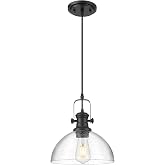 Audickic 10.5" Black Pendant Lights Kitchen Island, Seeded Glass Shade | Farmhouse Vintage Hanging Light for Dining Room, Clear Seeded Glass Shade, Adjustable Height, E26 Base, AD-22151-1PL-BK