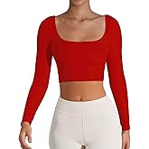 CUHUDA Women's Basic Long Sleeve Square Neck Crop Top Double Lined Slim Fit T-Shirt