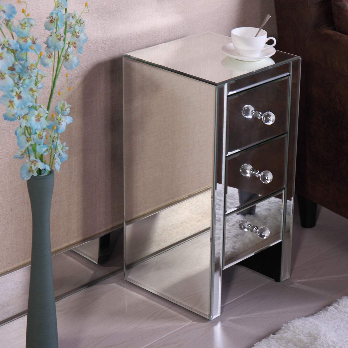 Lazymoon Small Mirrored End Table 2 Drawer Nightstand Bedside Table Storage Accent Cabinet Silver Home Kitchen Furniture