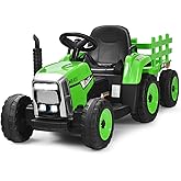 Costzon Ride on Tractor w/ Trailer, 12V Battery Powered Electric Vehicle Toy w/ Remote Control, 3-Gear-Shift Ground Loader, T