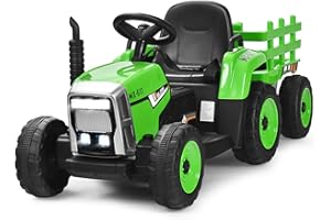 Costzon Ride on Tractor w/ Trailer, 12V Battery Powered Electric Vehicle Toy w/ Remote Control, 3-Gear-Shift Ground Loader, T
