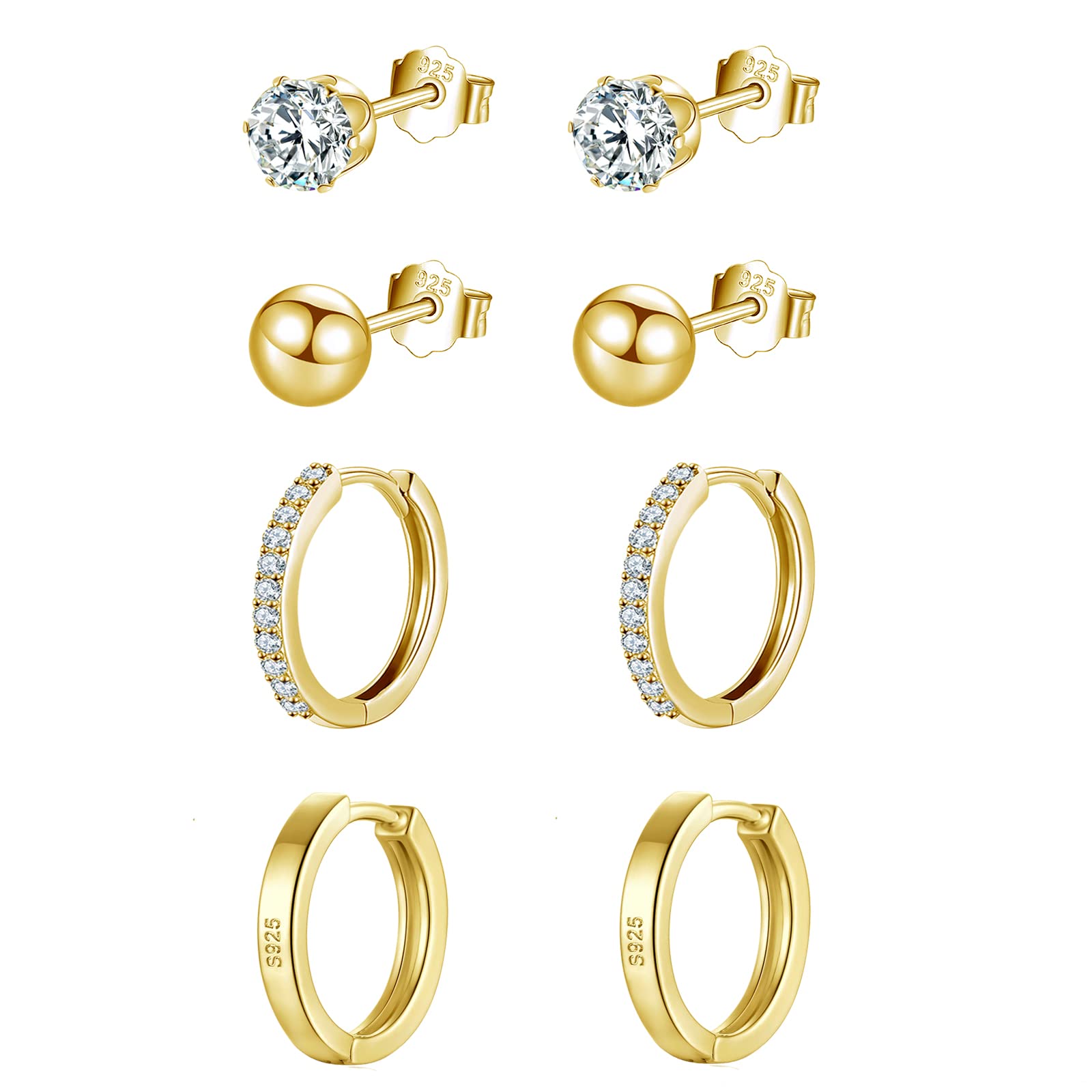wynn's Sterling Silver Stud Earrings for Women, Gold Stud Earrings & Hoop Earrings Set, 4 Pairs Small Cartilage Sleepers Studs Hoops Earrings Set, 4mm Studs & 12mm Hoops, Gold Earrings