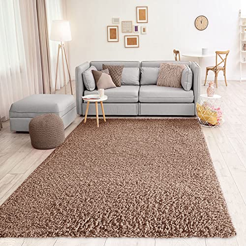 Vimoda Prime Shaggy Teppich Hochflor Langflor Teppiche Modern Einfarbig Nougat Hellbraun, Maße:160X220 Cm
