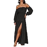 ECDAHICC Women's Boho Sexy Off Shoulder Long Sleeve Maxi Dress High Waist Side Split A Line Tiered Long Dresses