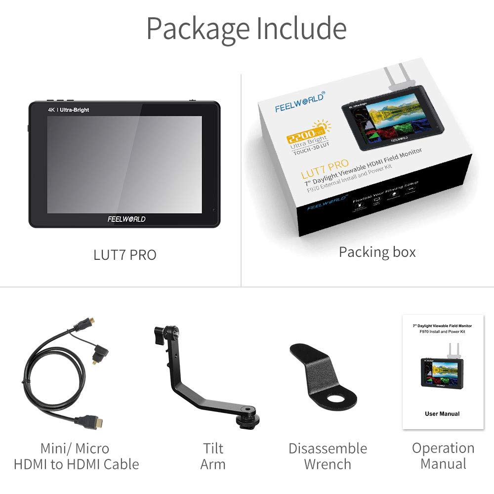 FEELWORLD LUT7 PRO 7 Inch Ultra Bright 2200nits DSLR Camera Field Monitor 3D LUT Touchscreen HDR Waveform F970 External Power and Install Kit 4K HDMI