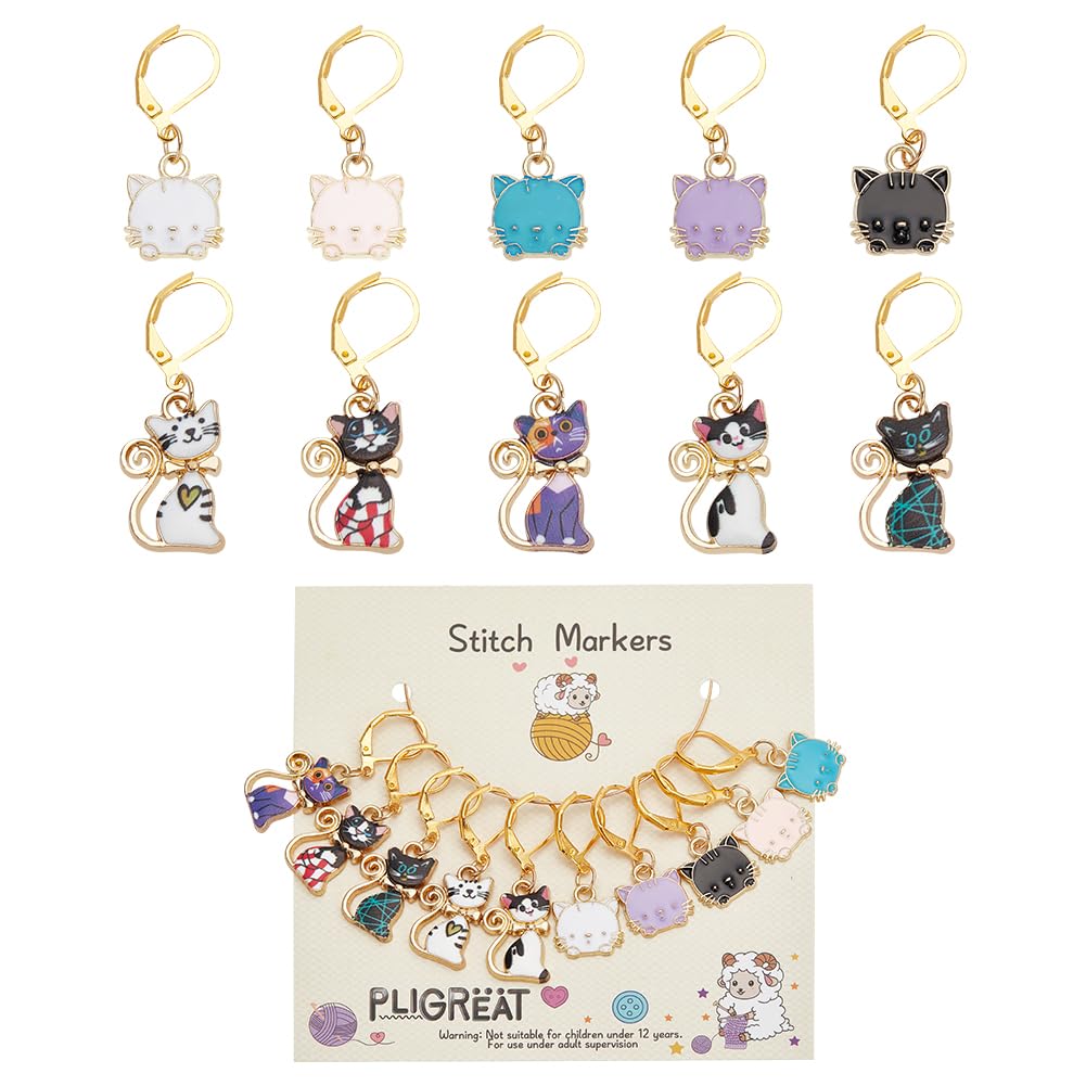 PLIGREAT 10 Pcs Cute Kitten Cat Stitch Markers Knitting Locking Marker for Grandma Woman Weaving Sewing Quilting DIY Gifts Jewelry Making Accessories Crochet Markers with Lobster Claw Clasp