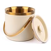3L beige white Double Wall Insulated Stainless Steel Ice Bucket with scoop for Cocktail Bar,Metal Ice Bucket for freezer with Lid for parties.ice Container to Keep Ice Colder,bar cart accessories