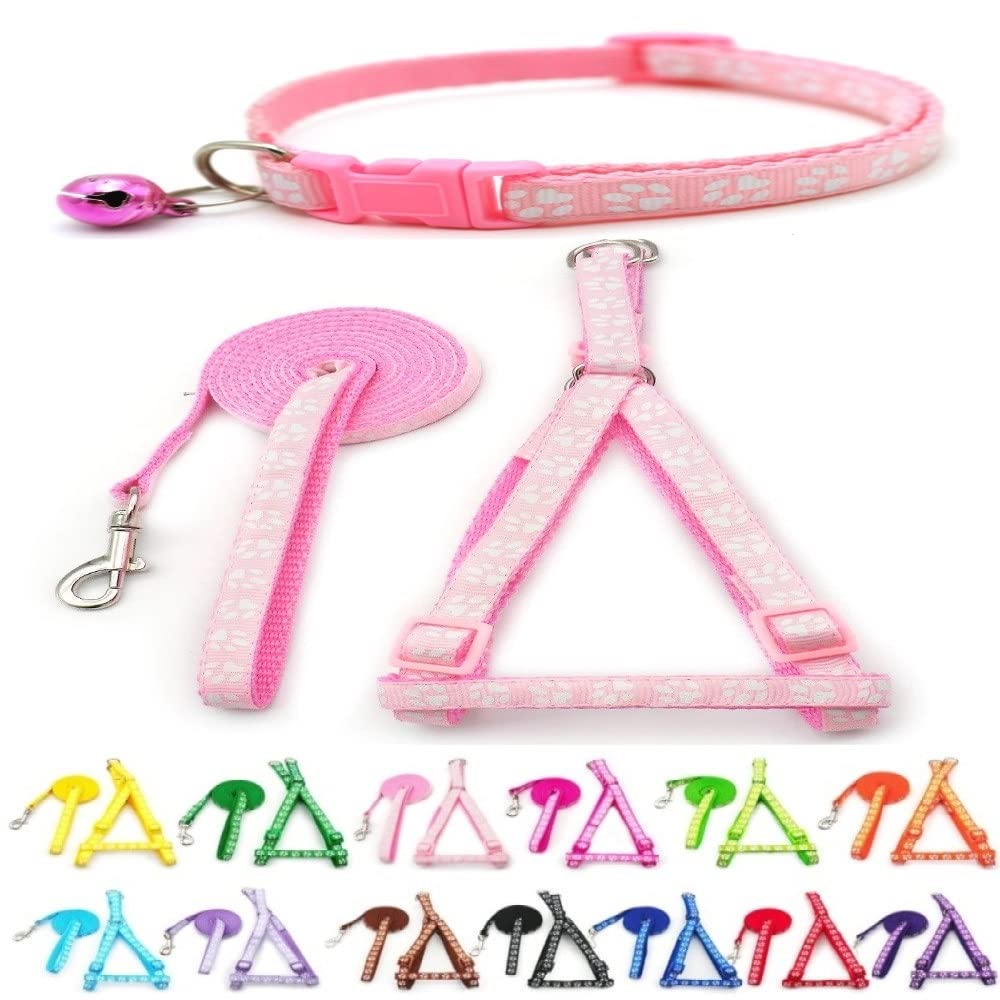 Small Dog Puppy Pet Collar Harness and Lead 3 Piece Set Pawprint Design Nylon Adjustable Neck Size 19-32cm and Chest Size 21-34cm with 120cm Leash Light Pink