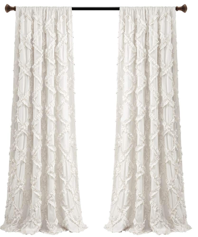 Lush Decor Ruffle Diamond Curtains Textured Window Panel Set for Living, Dining Room, Bedroom (Pair), 95” x 54”, White
