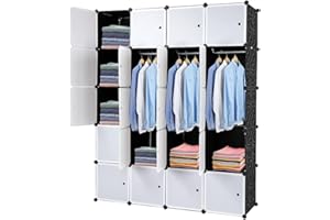 WEI WEI GLOBAL Portable Wardrobe Closet, Modular Plastic Clothes Storage Cabinet Chest w/ Doors, Organizer Cube DIY Bookshelf Combination Armoire for bedroom, living room, Black (20-Cube & 5 Hanging Section)