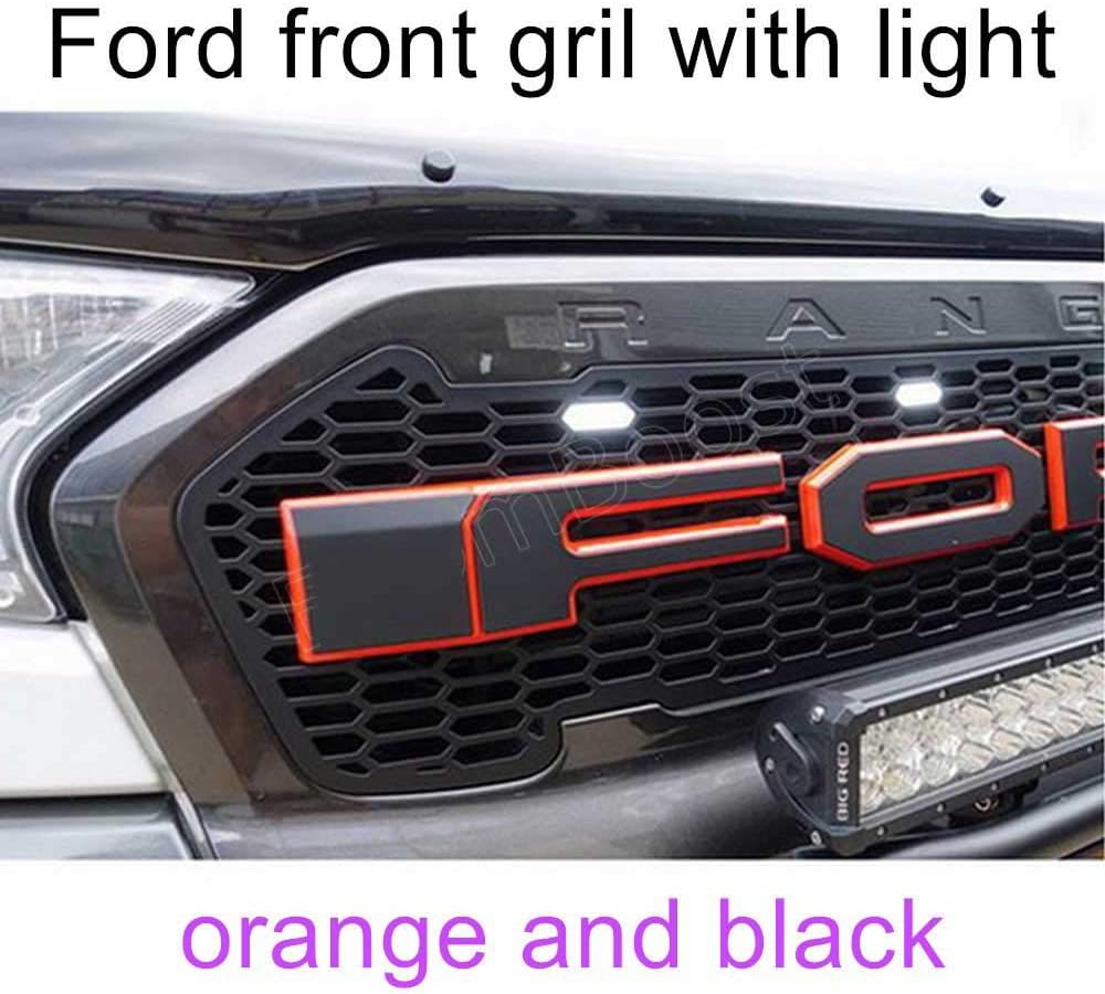 QQKLP Fit for Ford Ranger T7 2016-2017 ABS Grille LED Grille Surrounds Trim with Light 4 Colors Available, blackorange