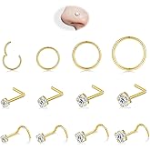 PANSYIRIS 12PCS 18G Nose Ring Hoop 20G Nose Studs Sets, 316L Surgical Steel Hypoallergenic 14K Gold Plated CZ Hinged Clicker L Shape/Corkscrew Nose Studs Piercing Jewelry for Women Men