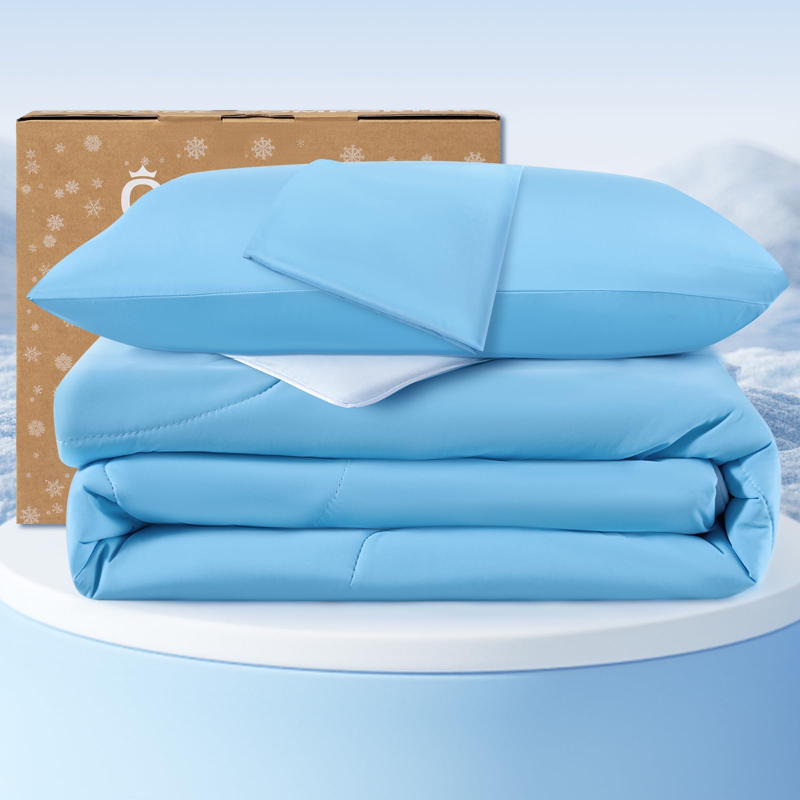 Photo 1 of QUTOOL Cooling Comforter Queen Size, Double-Sided Cooling Blankets for Hot Sleepers and Night Sweats, Silk Smooth Ice Cool Comforter with 2 Pillowcases, Breathable & Lightweight Blue, 90"x90"