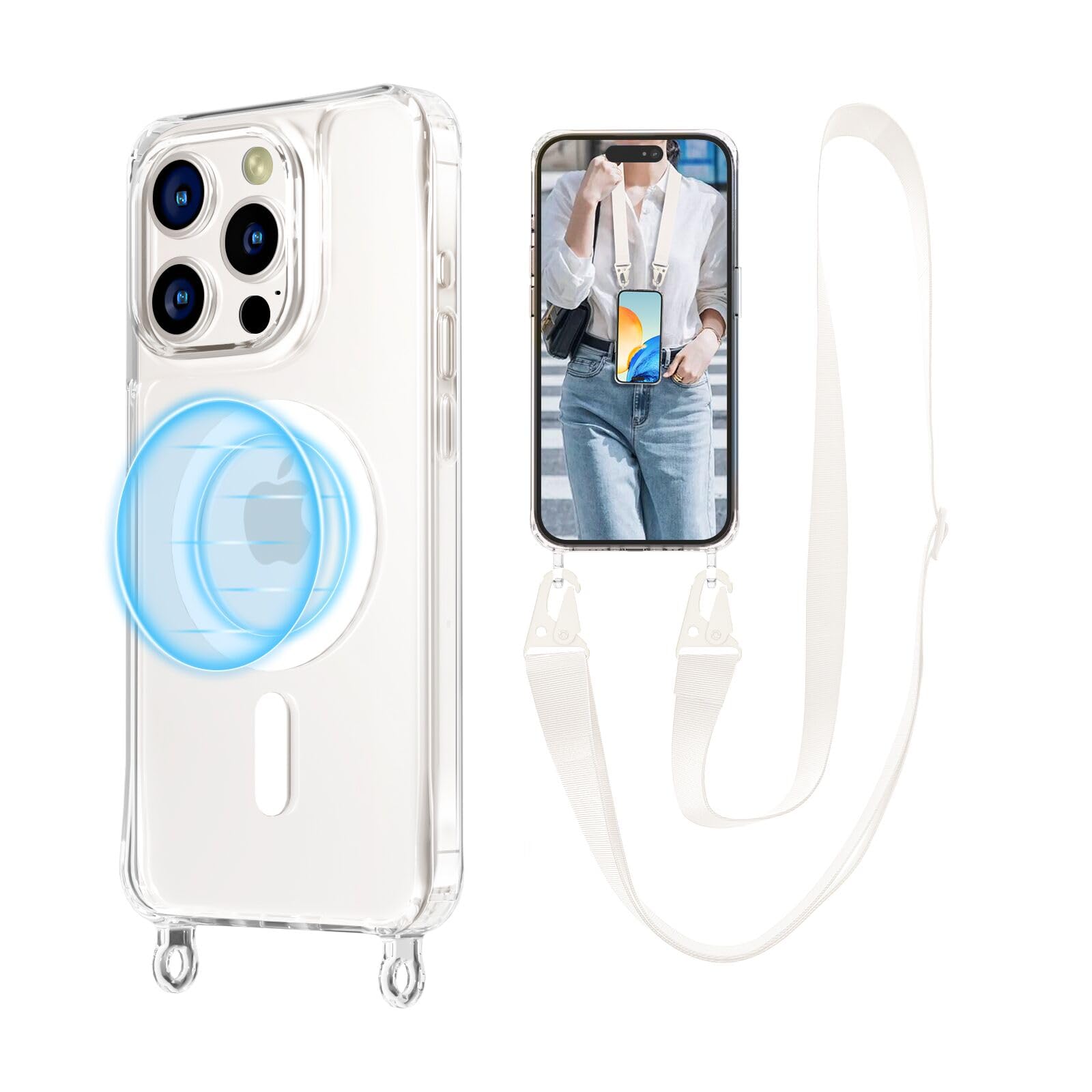 UnnFiko for iPhone 16 Pro Case Compatible with Magsafe Clear, Crossbody Phone Case with Shoulder Strap, Shockproof Protection, Magnetic Phone Case for iPhone 16 Pro (White Lanyard)